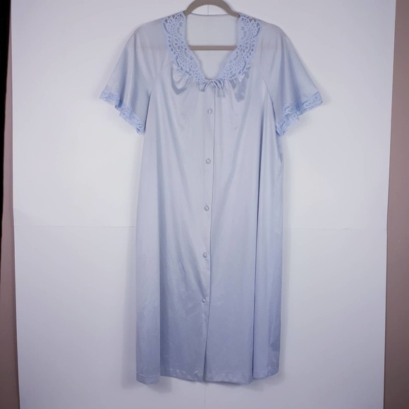 VINTAGE Vanity Fair Sz S Baby Blue Lace Nightgown Button Down Made in USA Pocket - Picture 2 of 11